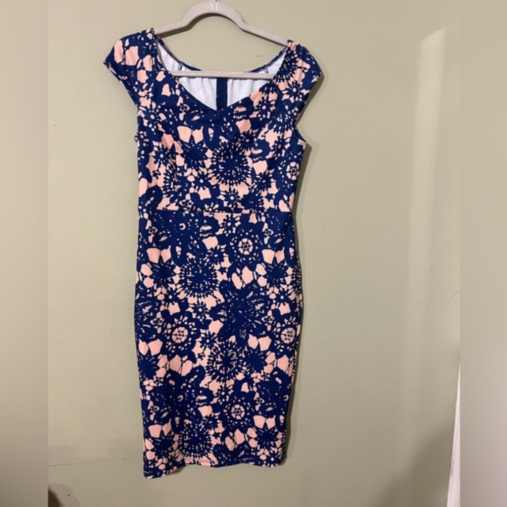 Shein Navy And Pink Floral Midi Dress